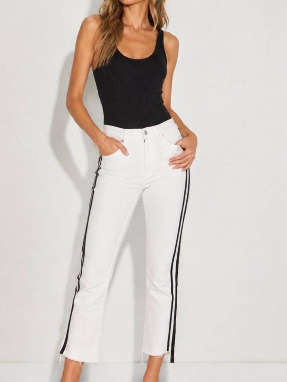 Mother Insider Crop Step Fray White with black stripe detail jeans